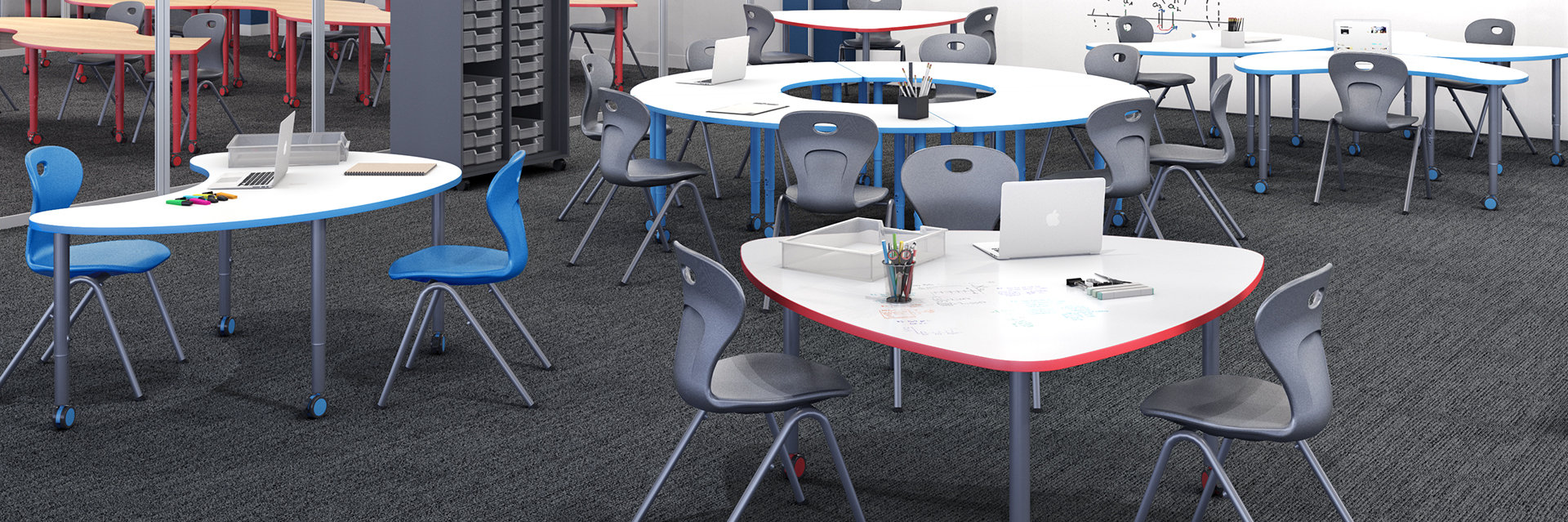 A collaborative classroom featuring collaborative desks and student chairs by Allied